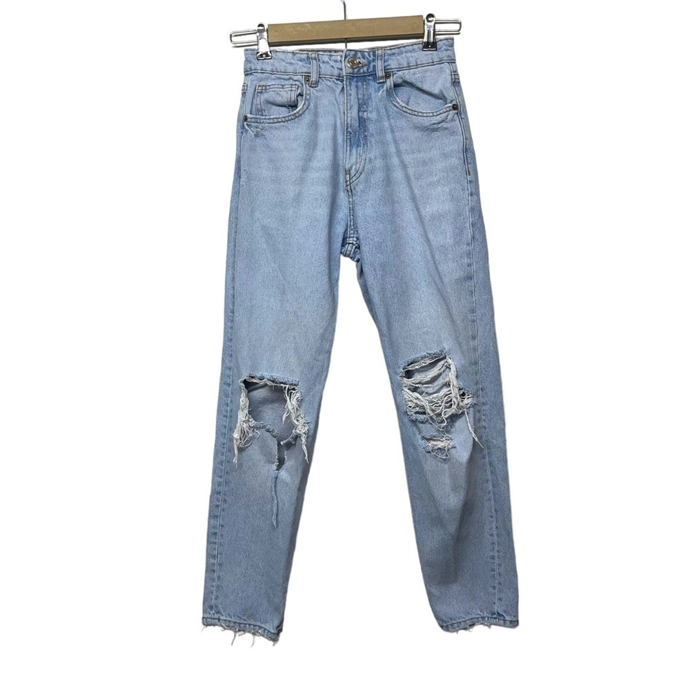 Zara Light Wash Distressed Straight Leg Jeans Size 2 Minimalist Denim‎ Casual